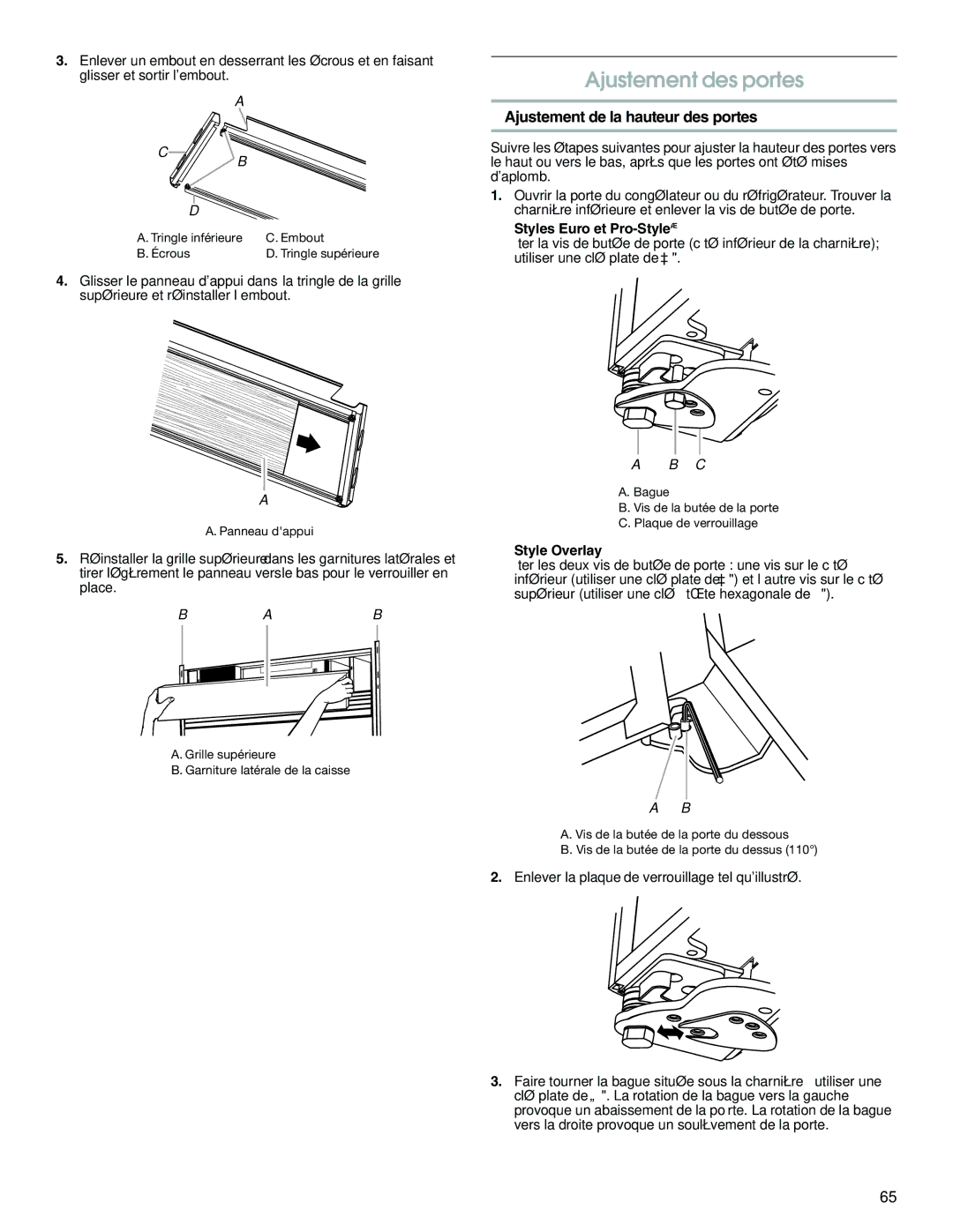 Jenn-Air W10379134A manual Ajustement des portes, Ajustement de la hauteur des portes, Styles Euro et Pro-Style 