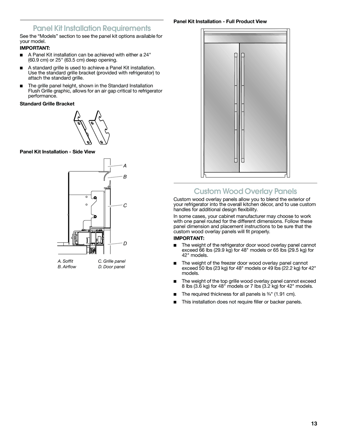 Jenn-Air W10379136A manual Panel Kit Installation Requirements, Custom Wood Overlay Panels 