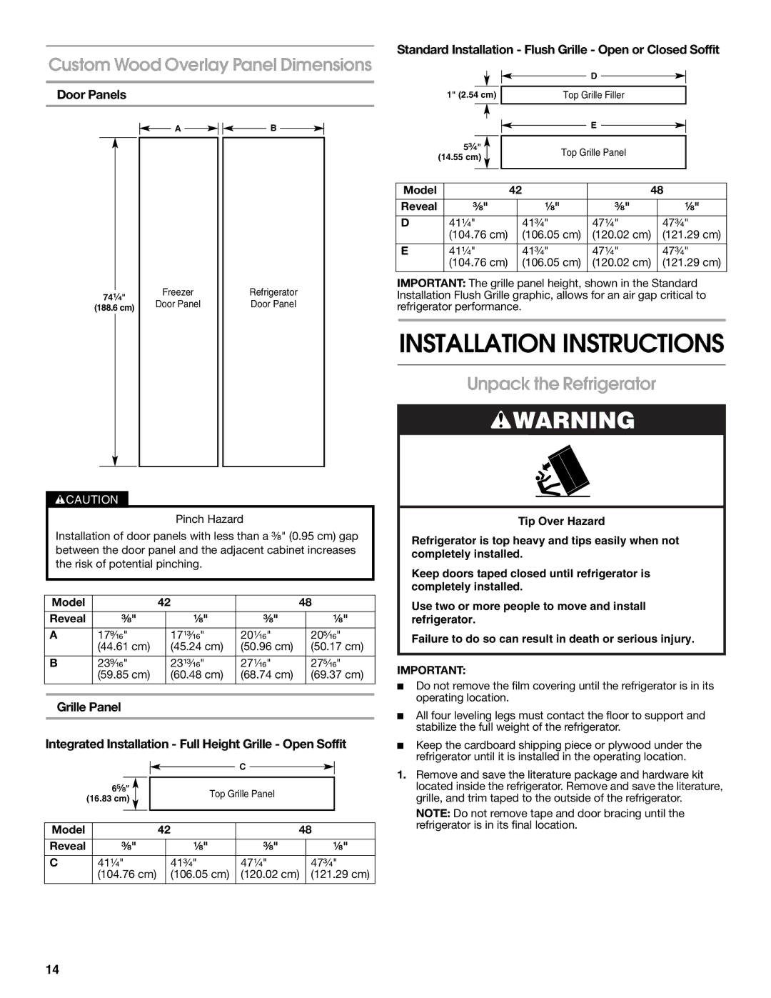 Jenn-Air W10379136A manual Custom Wood Overlay Panel Dimensions, Unpack the Refrigerator, Door Panels, Model Reveal ³⁄₈ ¹⁄₈ 