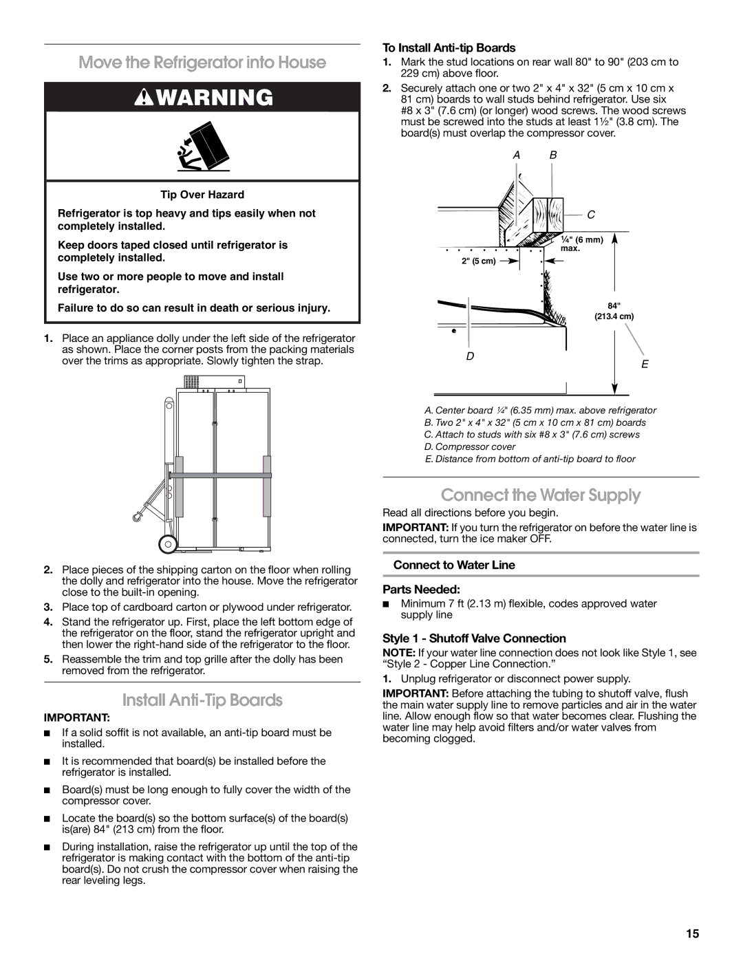 Jenn-Air W10379136A manual Move the Refrigerator into House, Install Anti-Tip Boards, Connect the Water Supply 