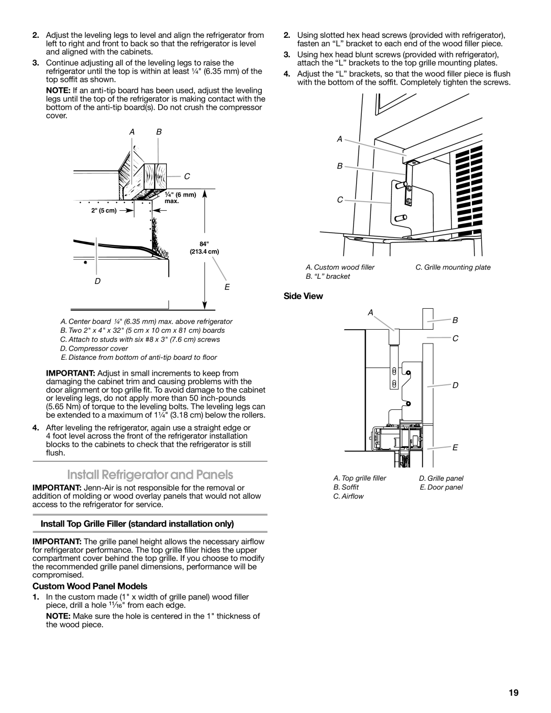 Jenn-Air W10379136A manual Install Refrigerator and Panels, Install Top Grille Filler standard installation only, Side View 