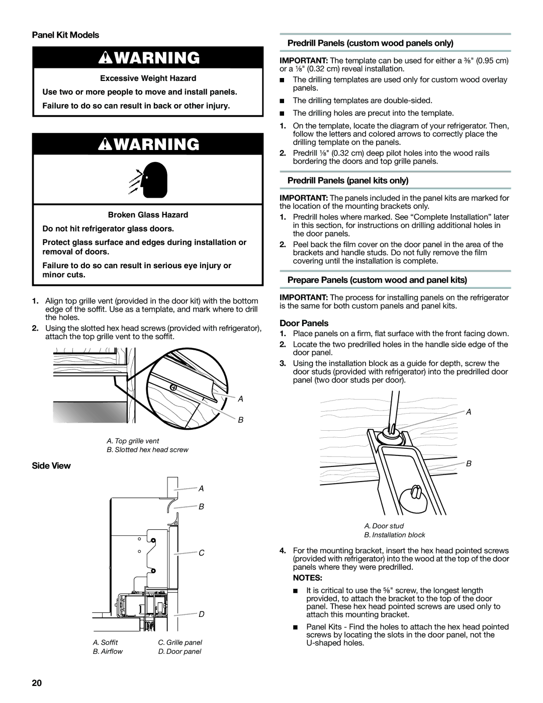 Jenn-Air W10379136A manual Panel Kit Models, Predrill Panels custom wood panels only, Predrill Panels panel kits only 