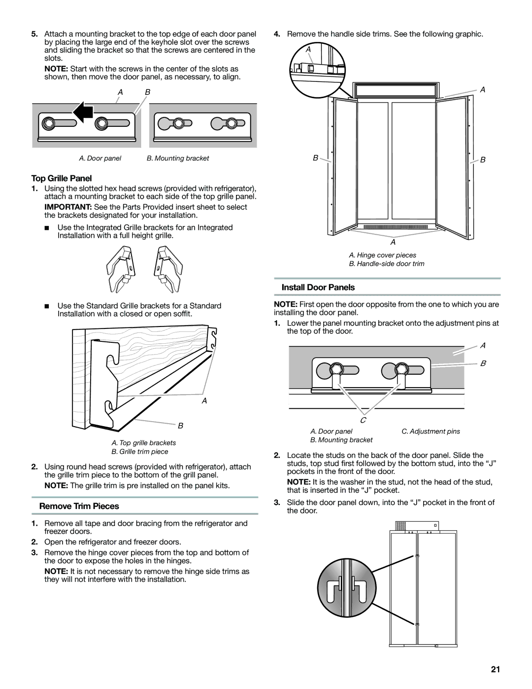 Jenn-Air W10379136A manual Top Grille Panel, Remove Trim Pieces, Install Door Panels 