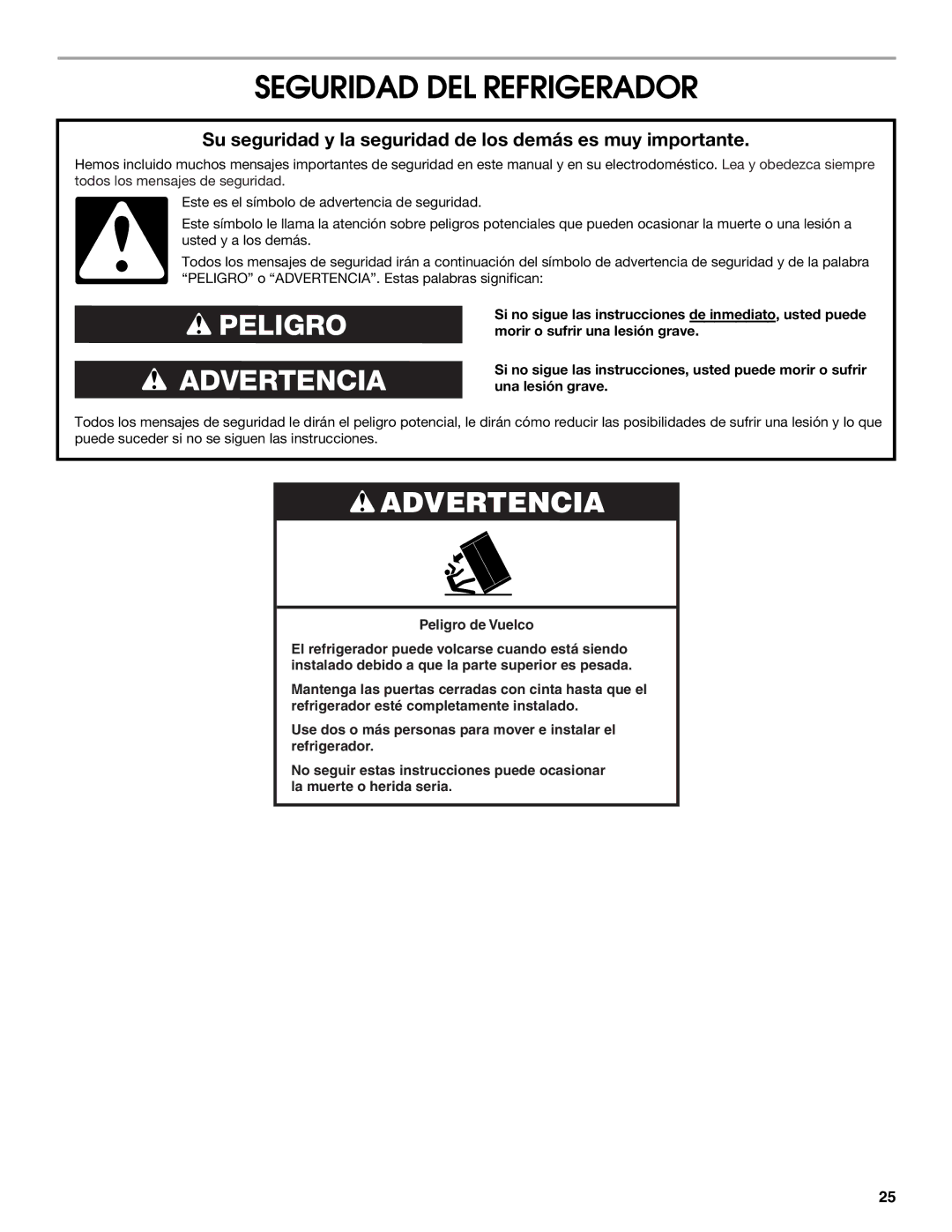 Jenn-Air W10379136A manual Seguridad DEL Refrigerador, Su seguridad y la seguridad de los demás es muy importante 