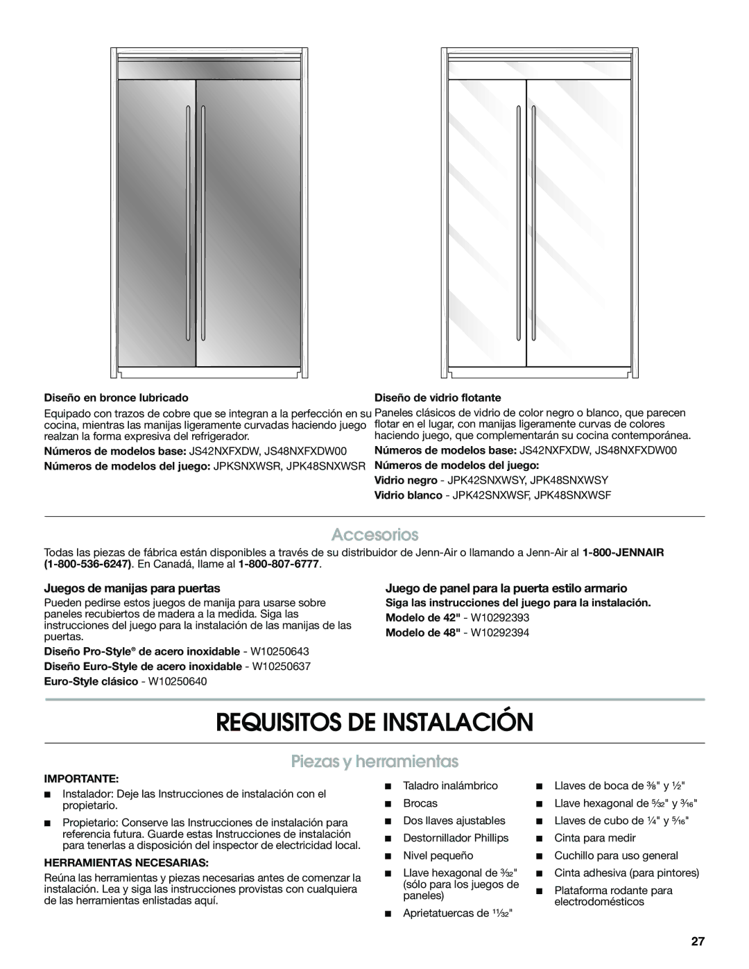 Jenn-Air W10379136A manual Requisitos DE Instalación, Accesorios, Piezas y herramientas, Juegos de manijas para puertas 