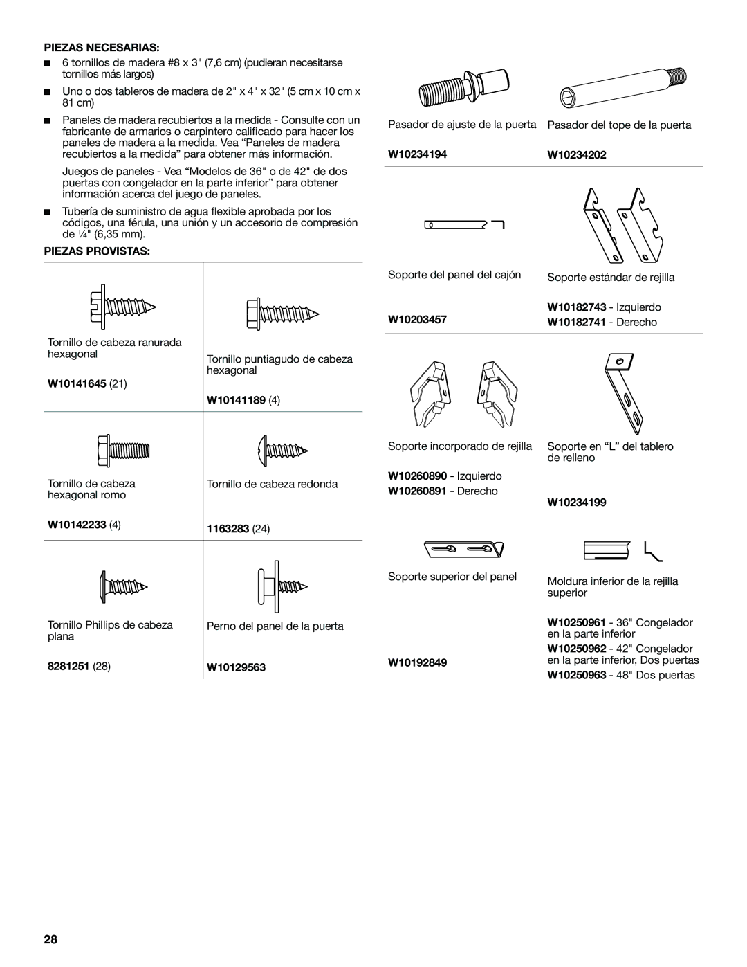 Jenn-Air W10379136A manual Piezas Necesarias, Piezas Provistas 