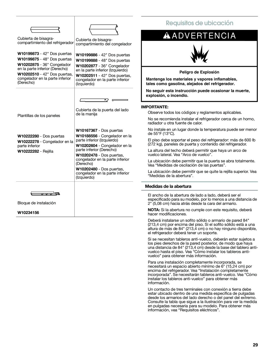 Jenn-Air W10379136A manual Requisitos de ubicación, Medidas de la abertura, W10222282 Rejilla 