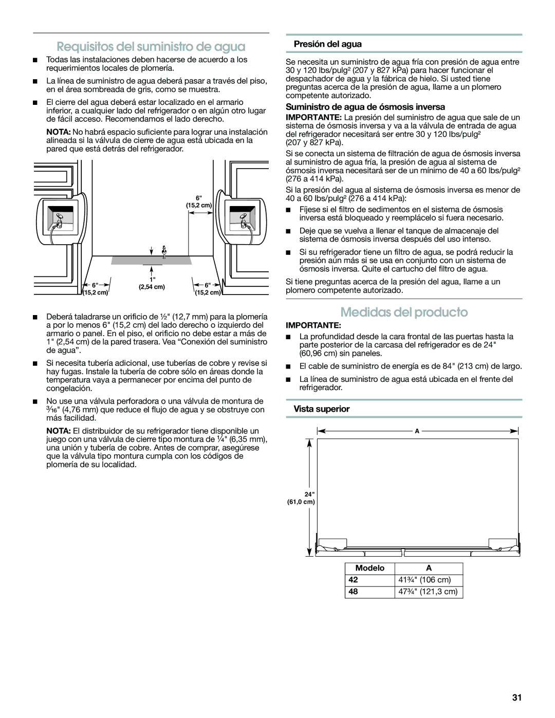 Jenn-Air W10379136A manual Requisitos del suministro de agua, Medidas del producto, Presión del agua, Vista superior 