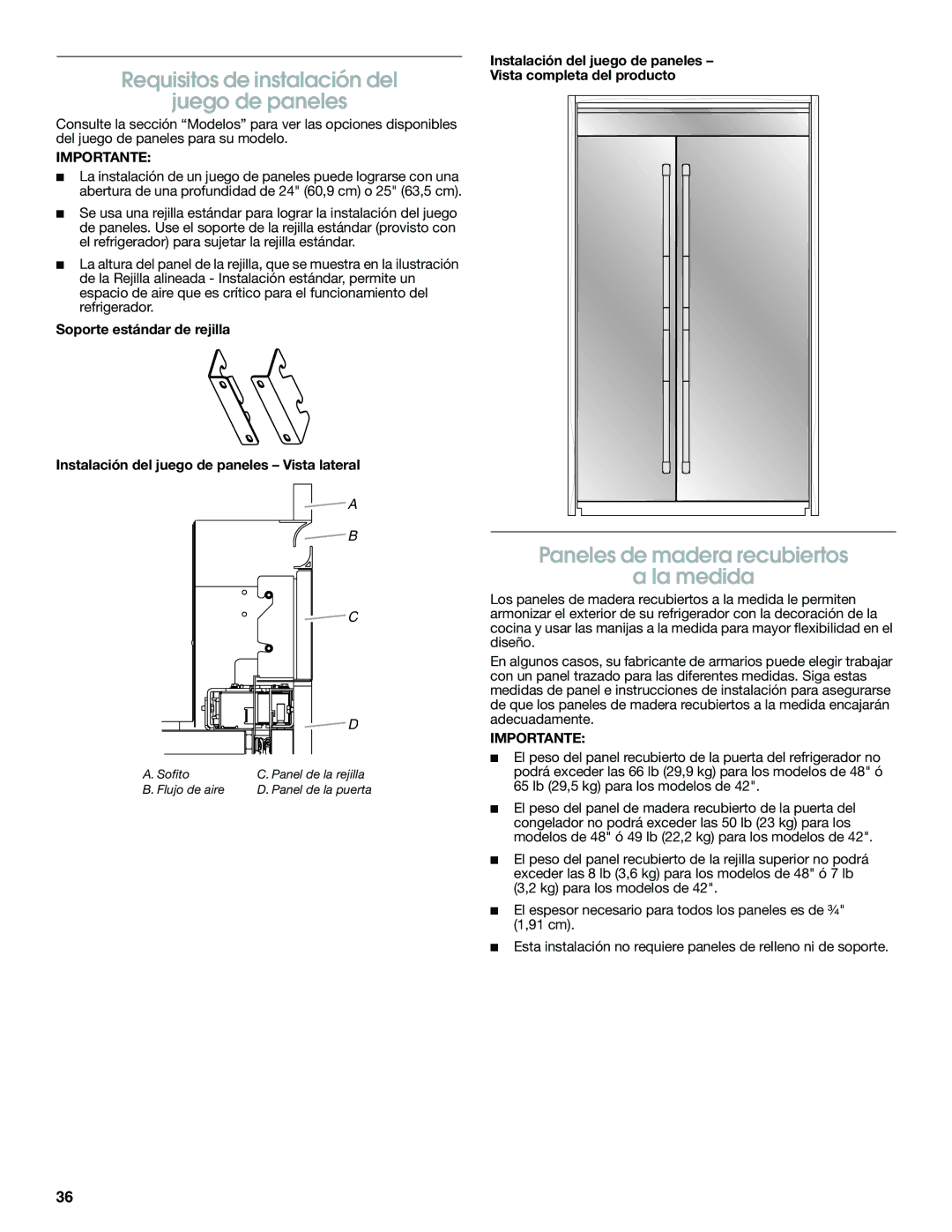Jenn-Air W10379136A manual Requisitos de instalación del Juego de paneles, Paneles de madera recubiertos La medida 