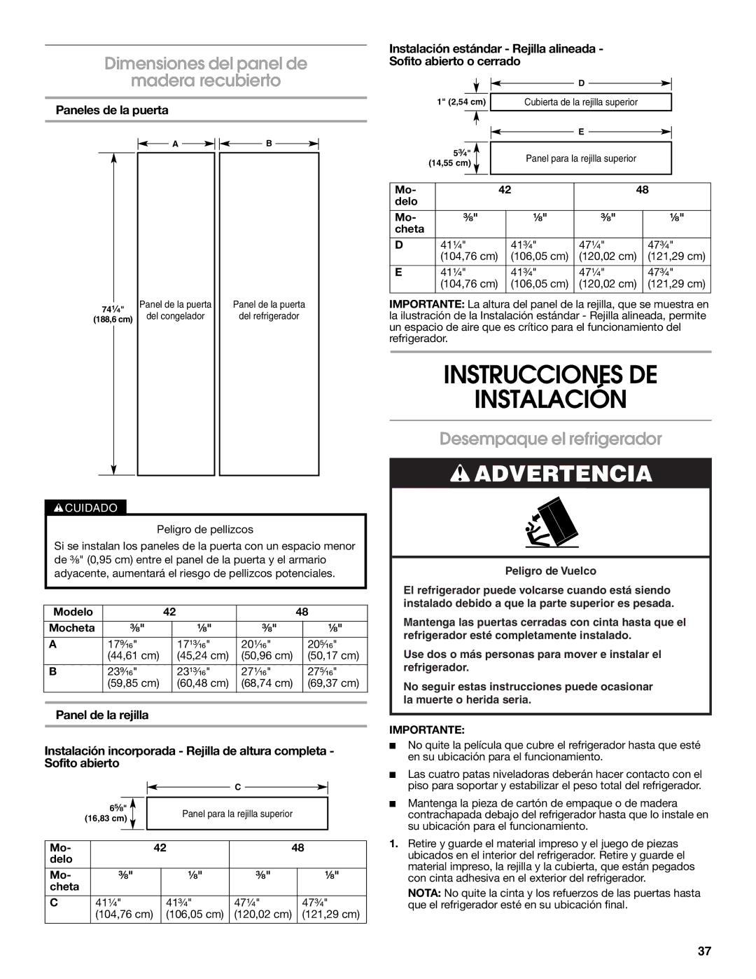 Jenn-Air W10379136A Instrucciones DE Instalación, Dimensiones del panel de Madera recubierto, Desempaque el refrigerador 