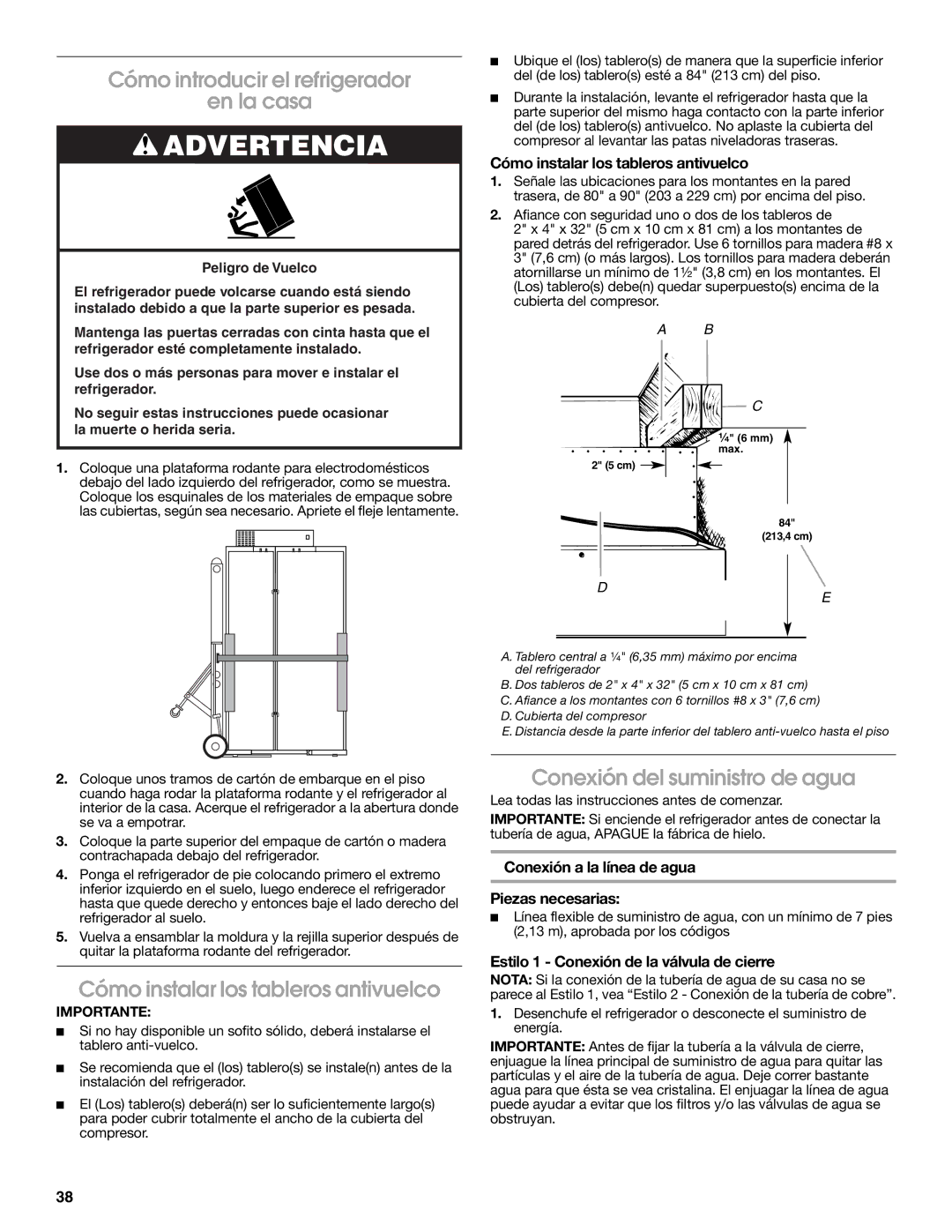 Jenn-Air W10379136A manual Cómo introducir el refrigerador En la casa, Cómo instalar los tableros antivuelco 