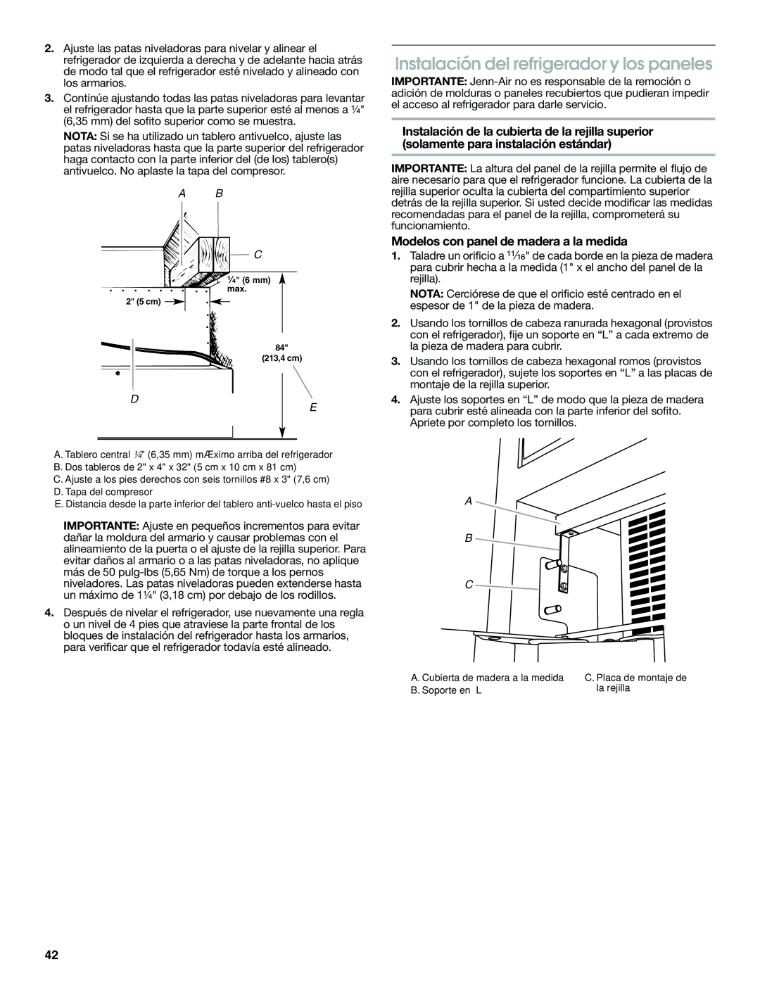 Jenn-Air W10379136A manual Instalación del refrigerador y los paneles, Modelos con panel de madera a la medida 