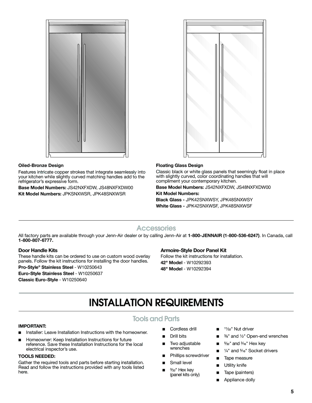 Jenn-Air W10379136A manual Installation Requirements, Accessories, Tools and Parts, Door Handle Kits 