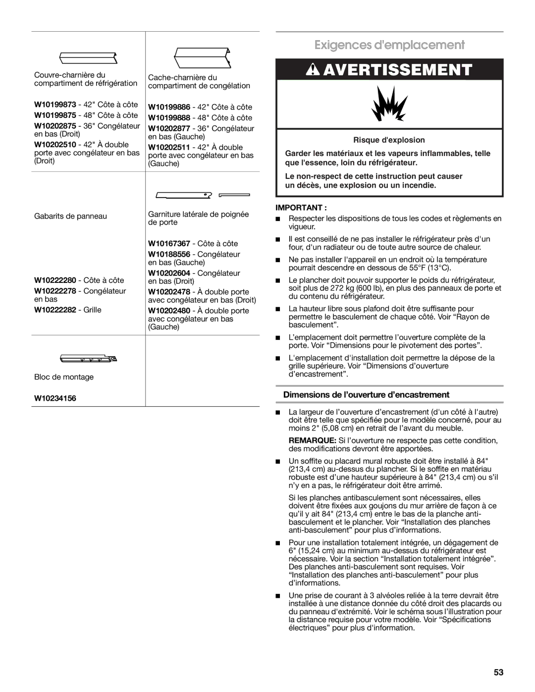 Jenn-Air W10379136A manual Exigences demplacement, Dimensions de l’ouverture d’encastrement 