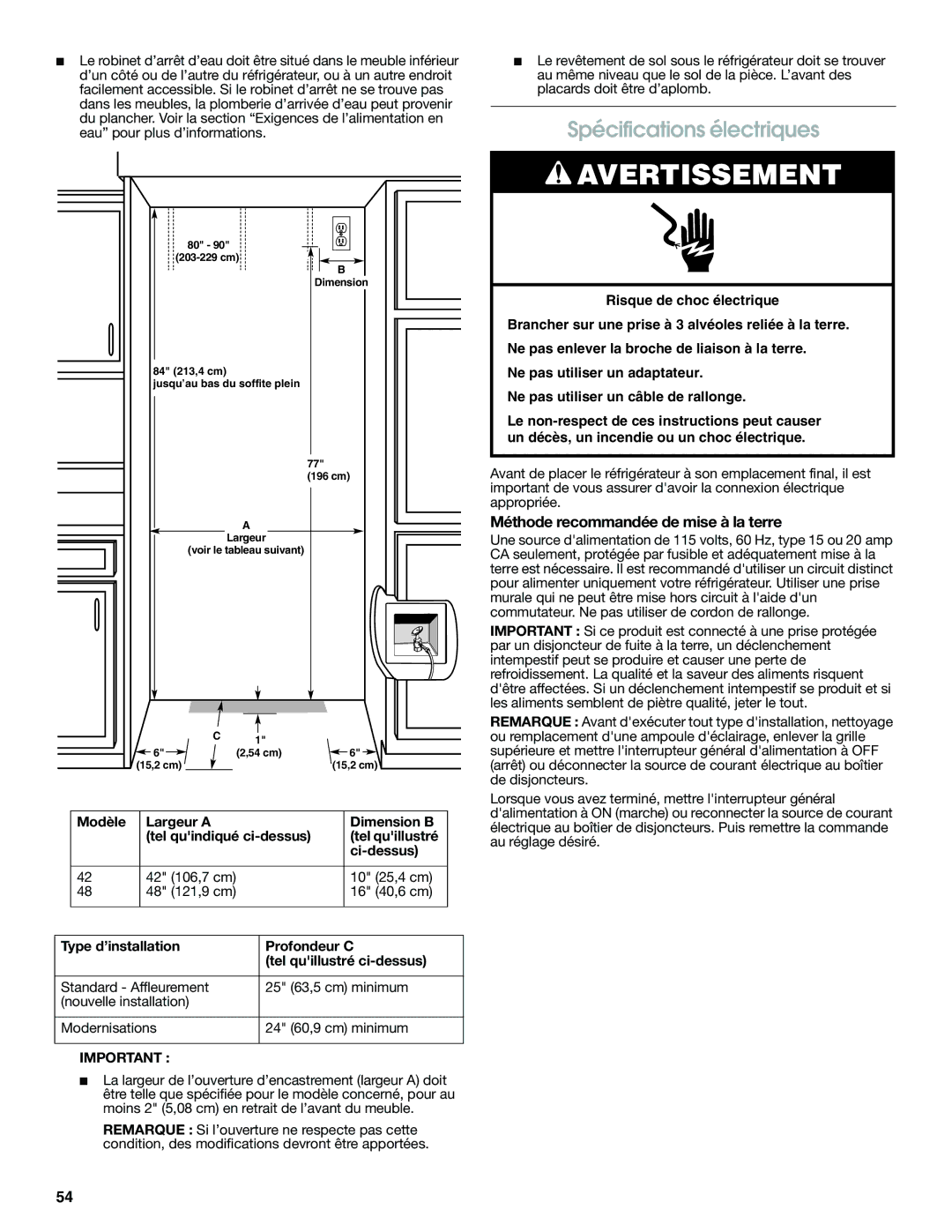 Jenn-Air W10379136A manual Spécifications électriques, Méthode recommandée de mise à la terre 