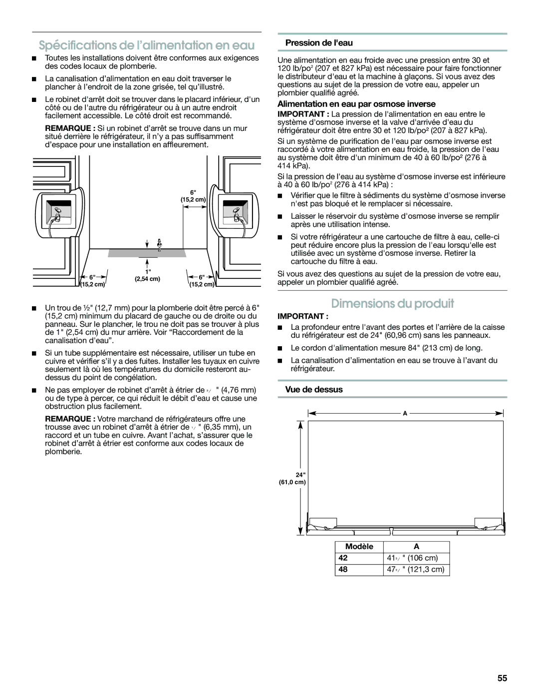 Jenn-Air W10379136A manual Spécifications de l’alimentation en eau, Dimensions du produit, Pression de leau, Vue de dessus 