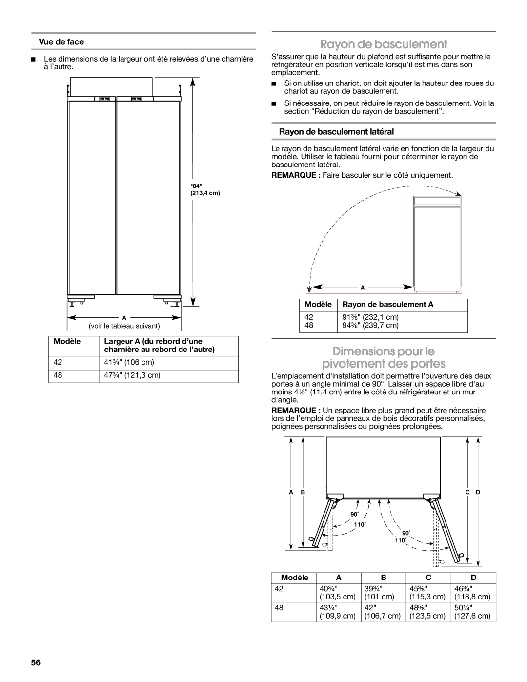 Jenn-Air W10379136A manual Rayon de basculement, Dimensions pour le Pivotement des portes, Vue de face 