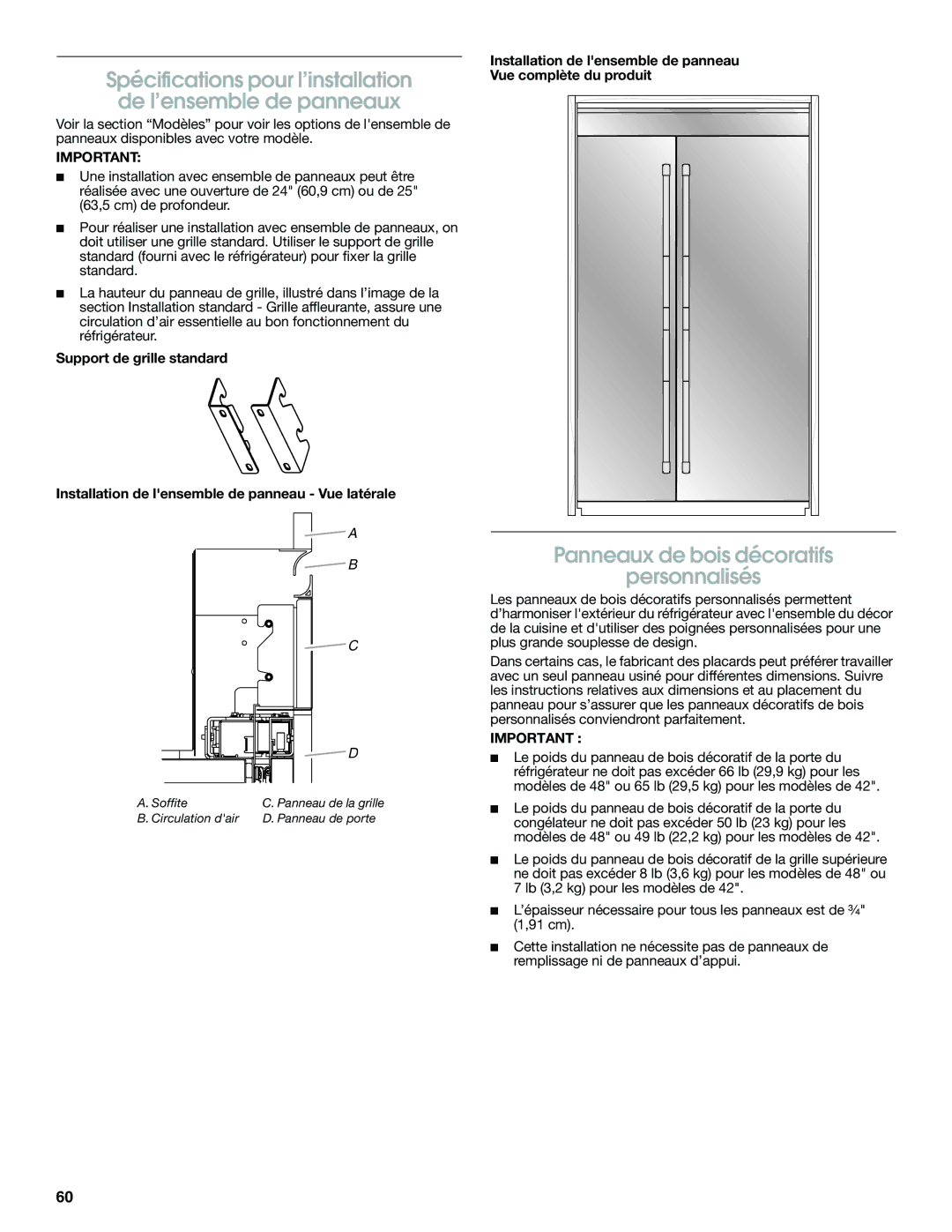 Jenn-Air W10379136A manual Spécifications pour l’installation de l’ensemble de panneaux 