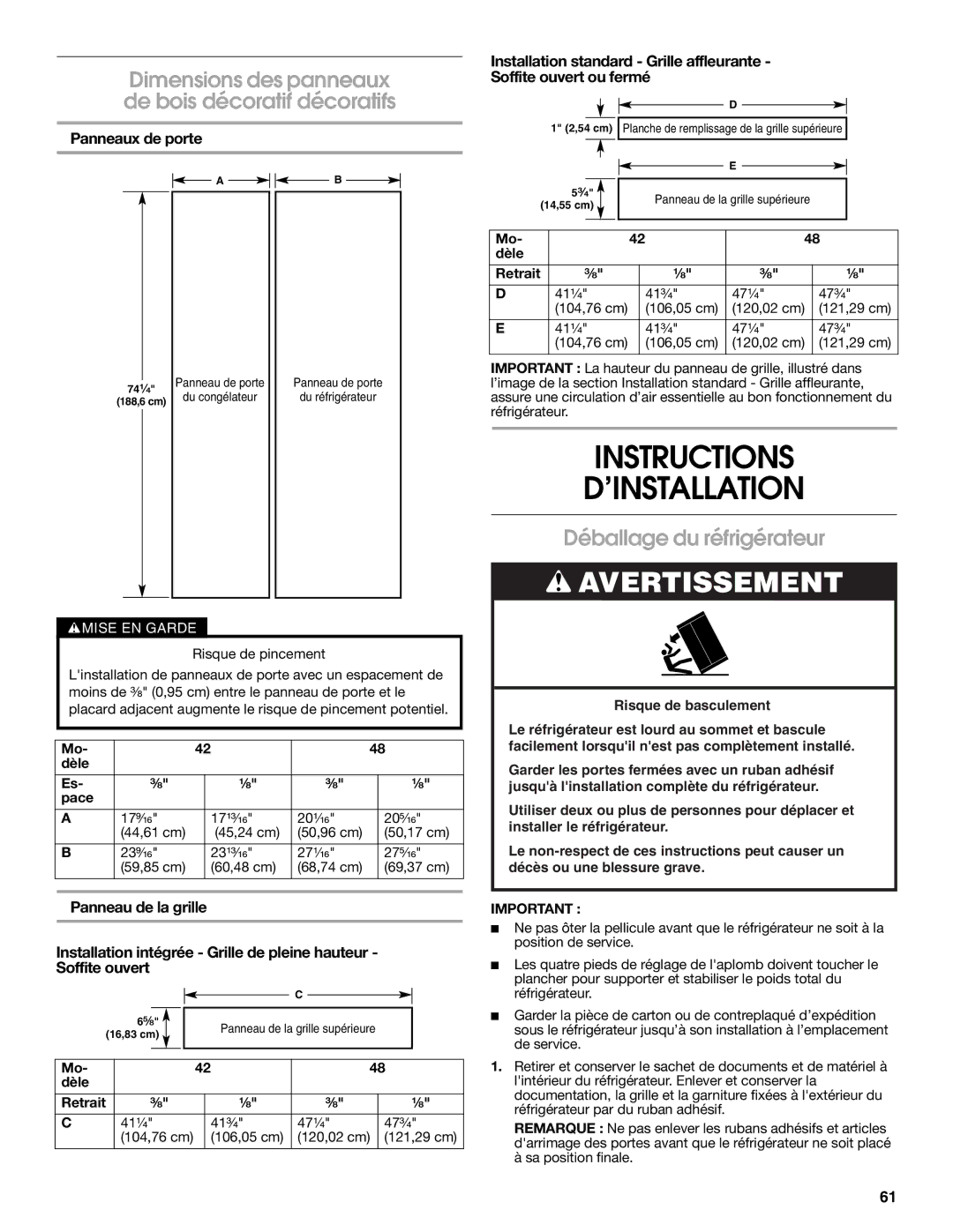 Jenn-Air W10379136A Instructions ’INSTALLATION, Dimensions des panneaux de bois décoratif décoratifs, Panneaux de porte 