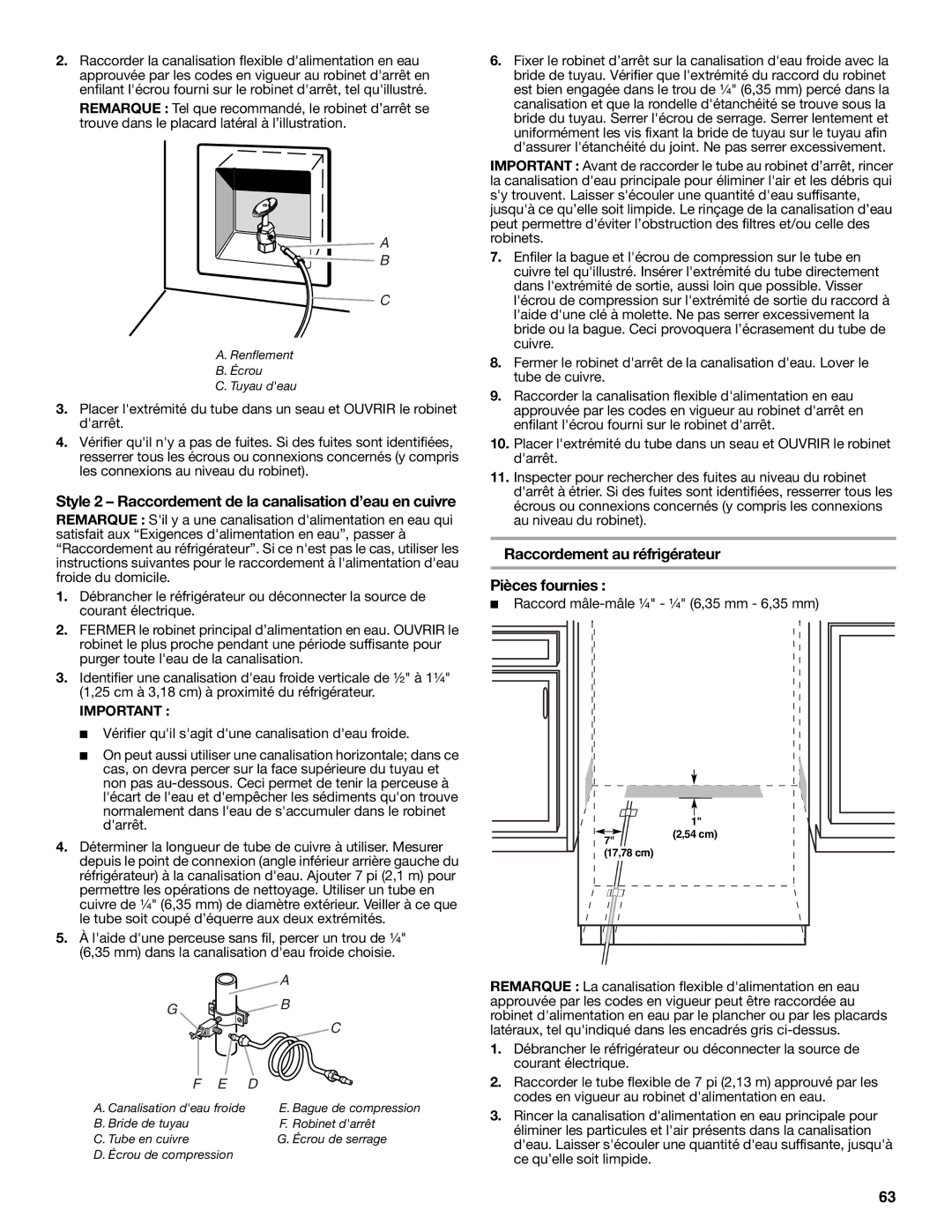 Jenn-Air W10379136A manual Style 2 Raccordement de la canalisation d’eau en cuivre, Raccordement au réfrigérateur 