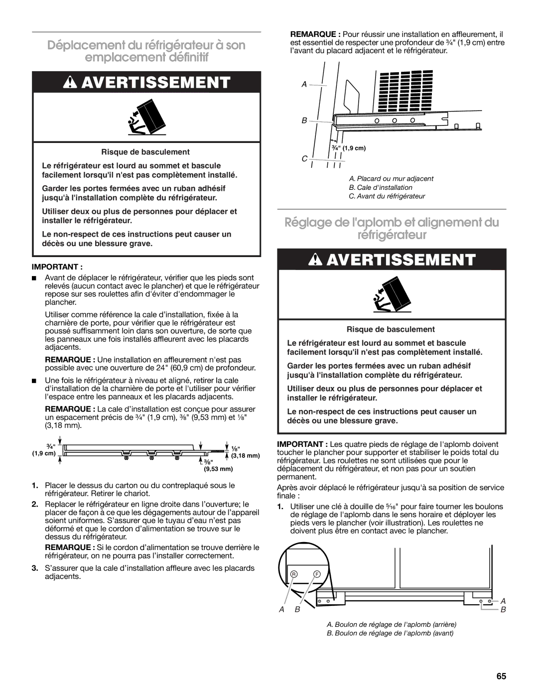 Jenn-Air W10379136A manual Déplacement du réfrigérateur à son Emplacement définitif 