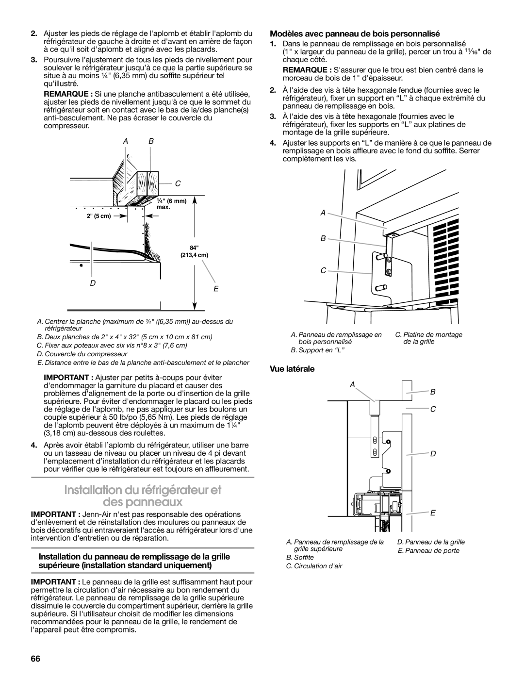 Jenn-Air W10379136A Installation du réfrigérateur et Des panneaux, Modèles avec panneau de bois personnalisé, Vue latérale 