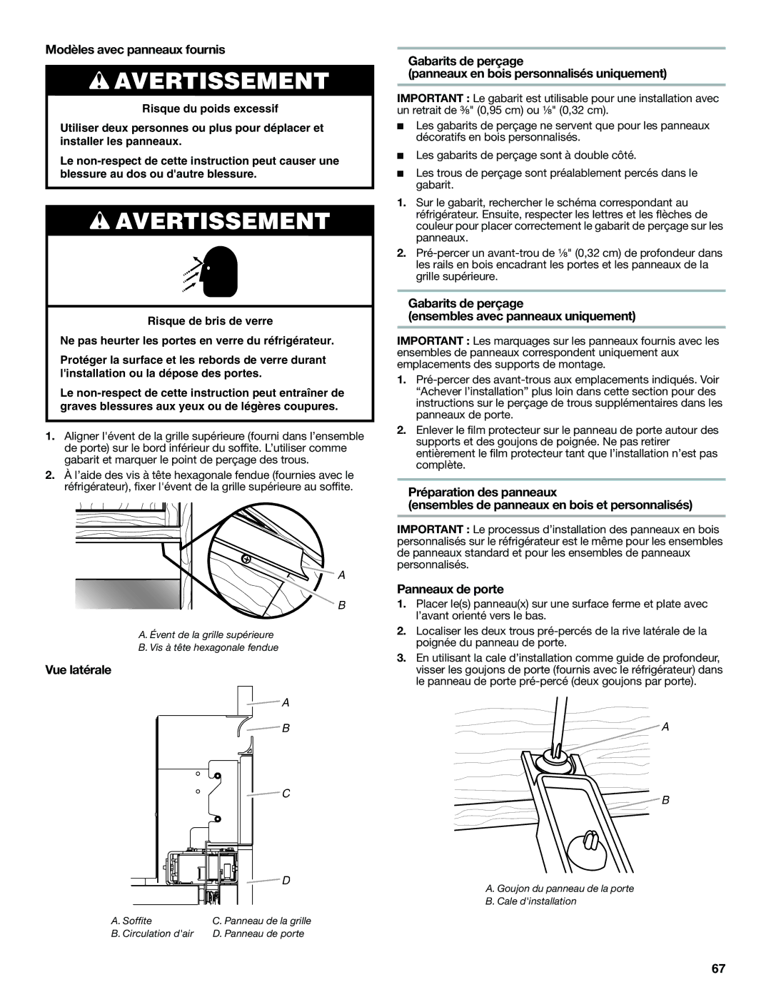 Jenn-Air W10379136A manual Modèles avec panneaux fournis, Gabarits de perçage Ensembles avec panneaux uniquement 