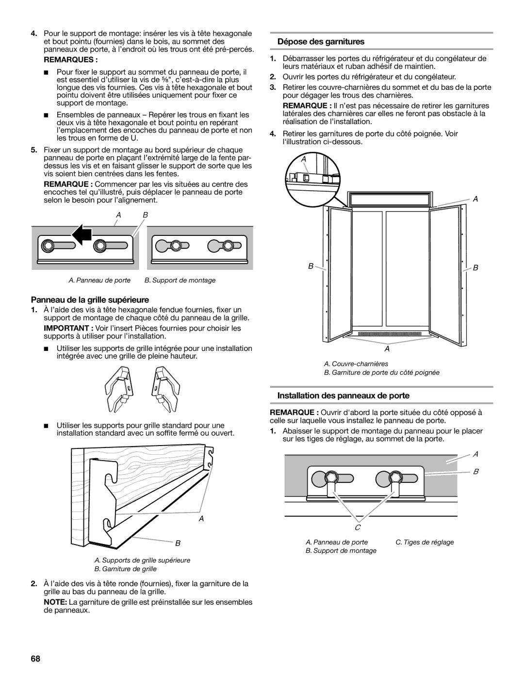 Jenn-Air W10379136A Panneau de la grille supérieure, Dépose des garnitures, Installation des panneaux de porte, Remarques 