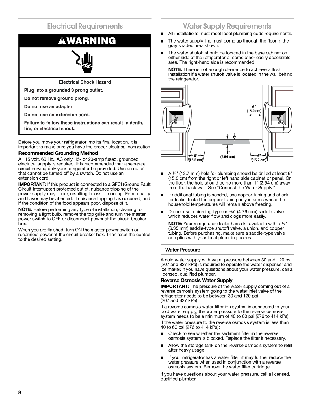 Jenn-Air W10379136A Electrical Requirements, Recommended Grounding Method, Water Pressure, Reverse Osmosis Water Supply 