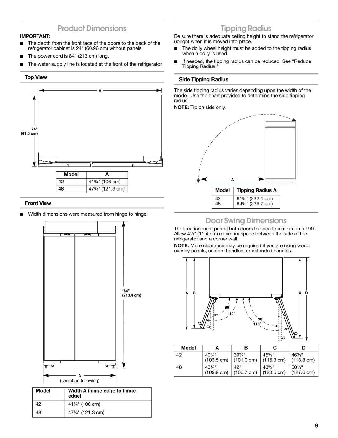 Jenn-Air W10379136A manual Product Dimensions, Tipping Radius, Door Swing Dimensions 