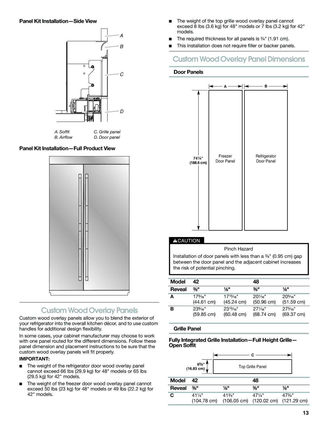 Jenn-Air W10379136B manual Custom Wood Overlay Panels, Panel Kit Installation-Side View, Door Panels, Model Reveal ³⁄₈ ¹⁄₈ 