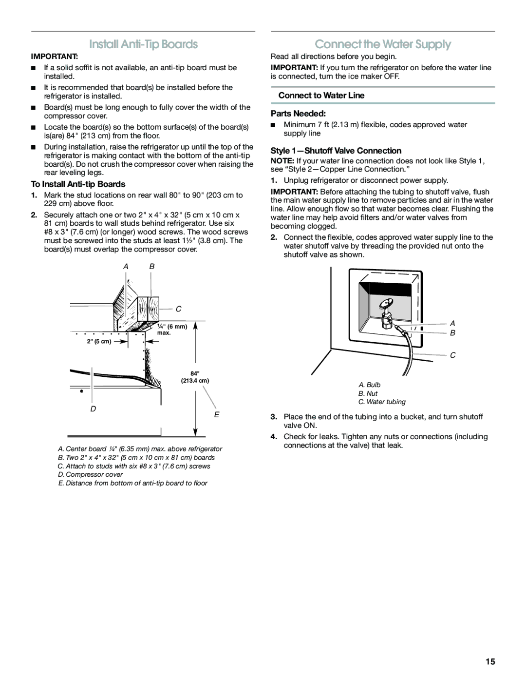 Jenn-Air W10379136B manual Install Anti-Tip Boards, Connect the Water Supply, To Install Anti-tip Boards 