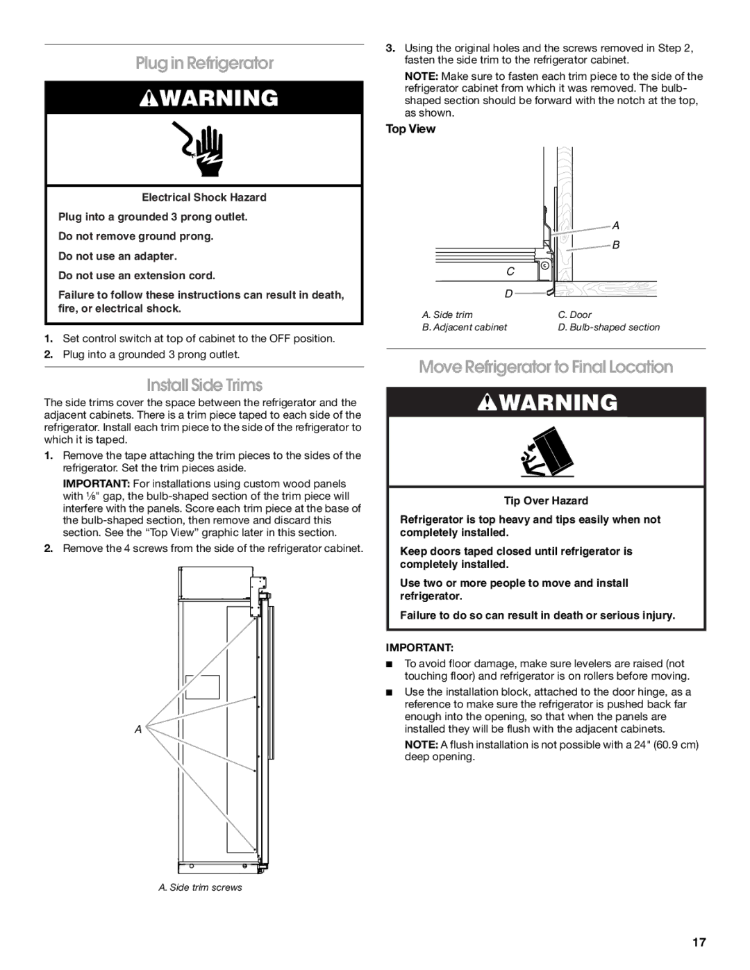 Jenn-Air W10379136B manual Plug in Refrigerator, Install Side Trims, Move Refrigerator to Final Location 