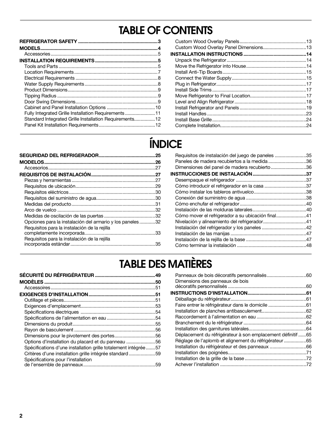 Jenn-Air W10379136B manual Table of Contents, Índice, Table DES Matières 