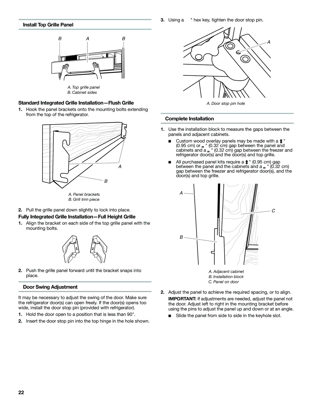 Jenn-Air W10379136B Install Top Grille Panel, Standard Integrated Grille Installation-Flush Grille, Door Swing Adjustment 