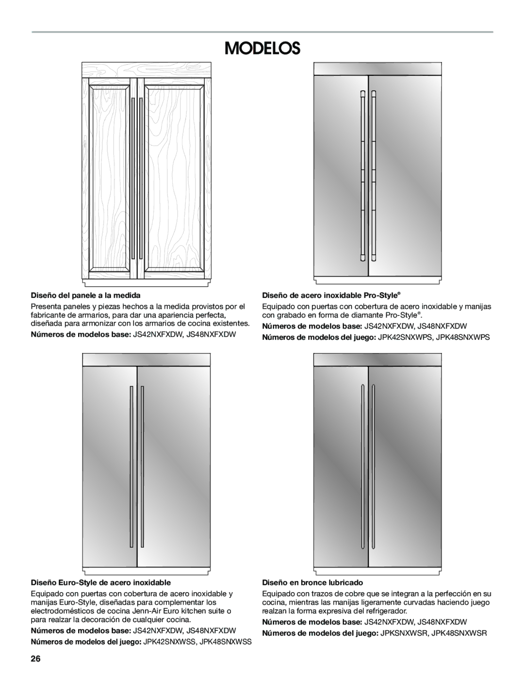 Jenn-Air W10379136B manual Modelos, Diseño del panele a la medida, Números de modelos base JS42NXFXDW, JS48NXFXDW 