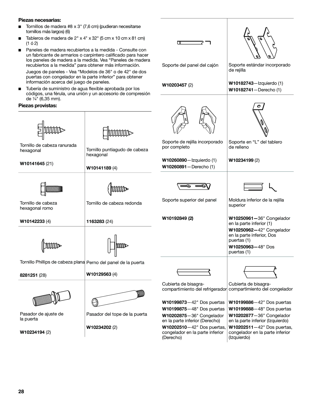 Jenn-Air W10379136B manual Piezas necesarias, Piezas provistas, W10203457, W10250963-48 Dos 