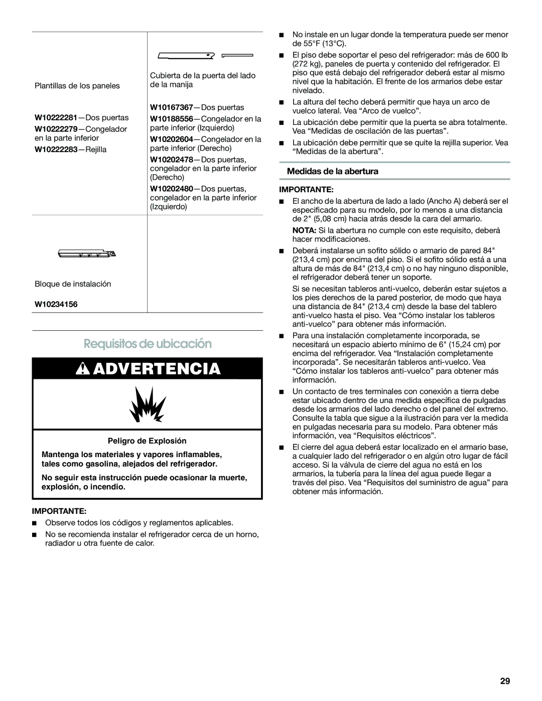 Jenn-Air W10379136B manual Requisitos de ubicación, Medidas de la abertura, W10222283-Rejilla 