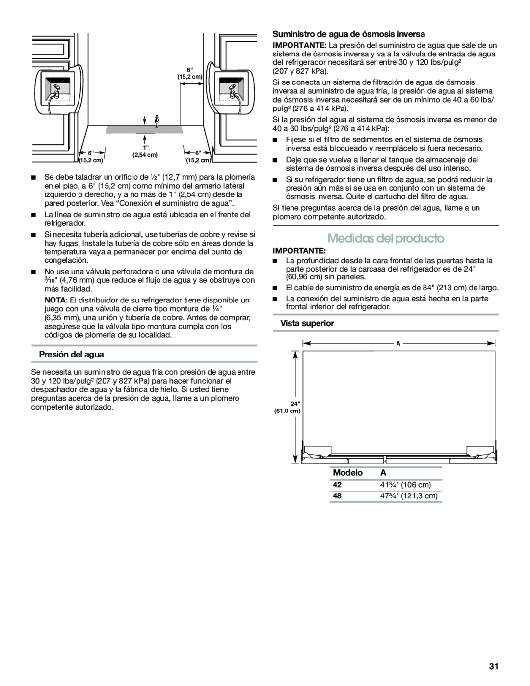 Jenn-Air W10379136B Medidas del producto, Suministro de agua de ósmosis inversa, Vista superior Presión del agua, Modelo a 