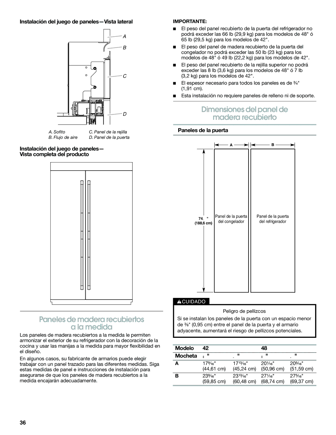 Jenn-Air W10379136B manual Paneles de madera recubiertos La medida, Dimensiones del panel de Madera recubierto 