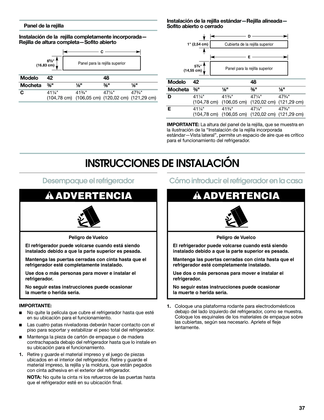 Jenn-Air W10379136B Instrucciones DE Instalación, Desempaque el refrigerador, Cómo introducir el refrigerador en la casa 