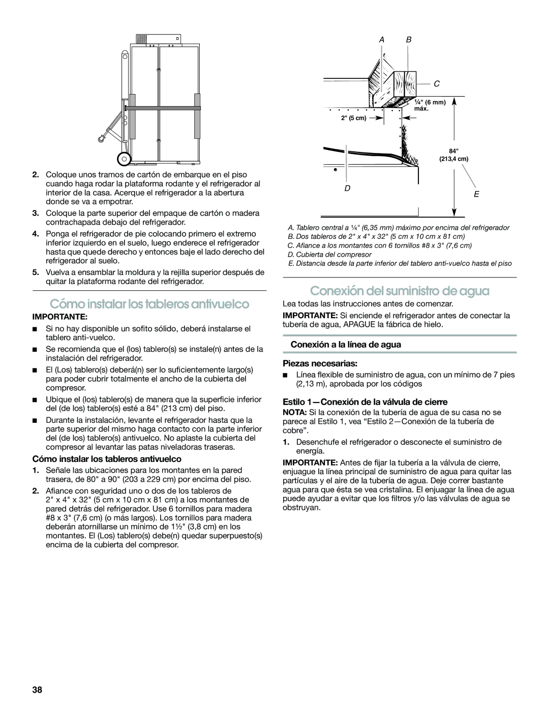 Jenn-Air W10379136B manual Cómo instalar los tableros antivuelco, Conexión del suministro de agua 