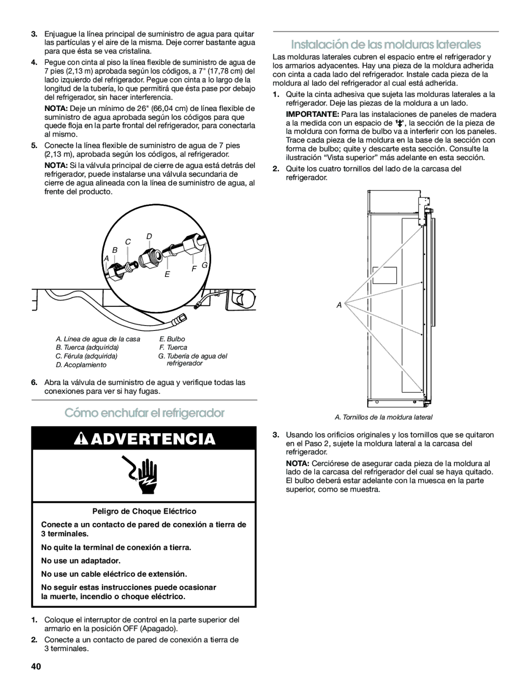 Jenn-Air W10379136B manual Instalación de las molduras laterales, Cómo enchufar el refrigerador 