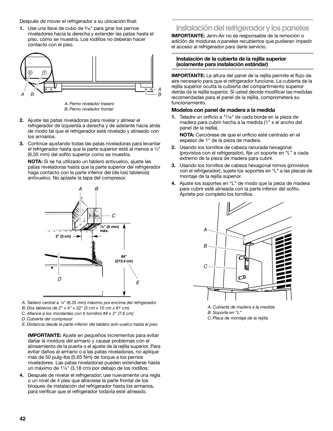 Jenn-Air W10379136B manual Instalación del refrigerador y los paneles, Modelos con panel de madera a la medida 