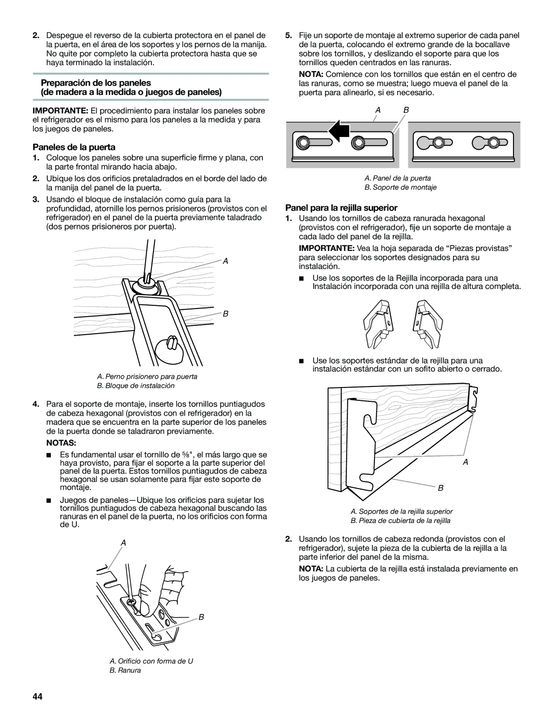 Jenn-Air W10379136B manual Panel para la rejilla superior, Perno prisionero para puerta Bloque de instalación 