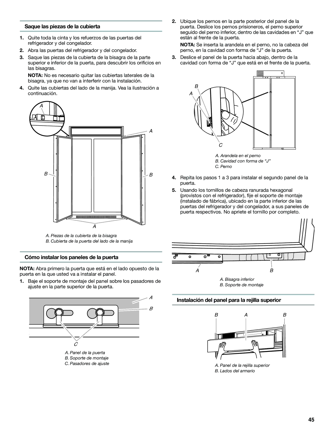 Jenn-Air W10379136B manual Saque las piezas de la cubierta, Cómo instalar los paneles de la puerta 