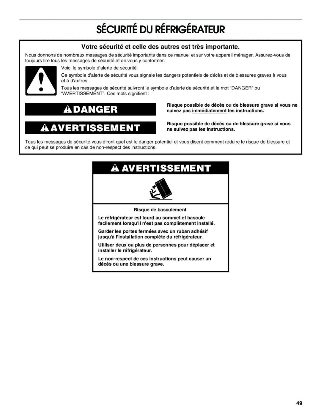 Jenn-Air W10379136B manual Sécurité DU Réfrigérateur, Votre sécurité et celle des autres est très importante 