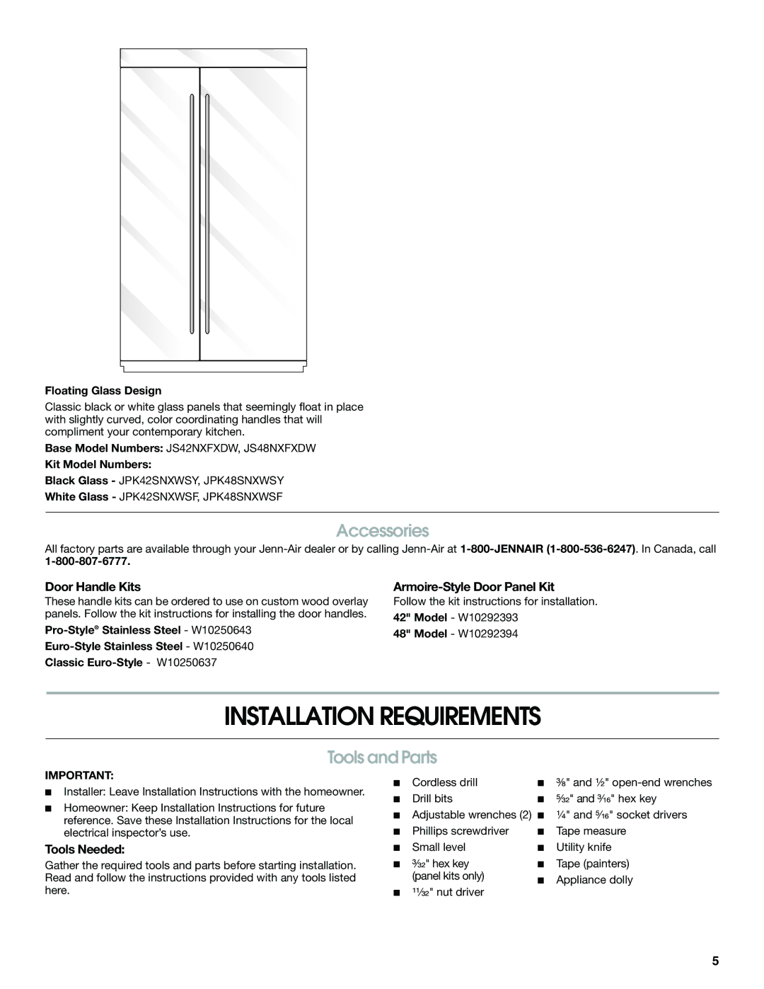 Jenn-Air W10379136B manual Installation Requirements, Accessories, Tools and Parts 