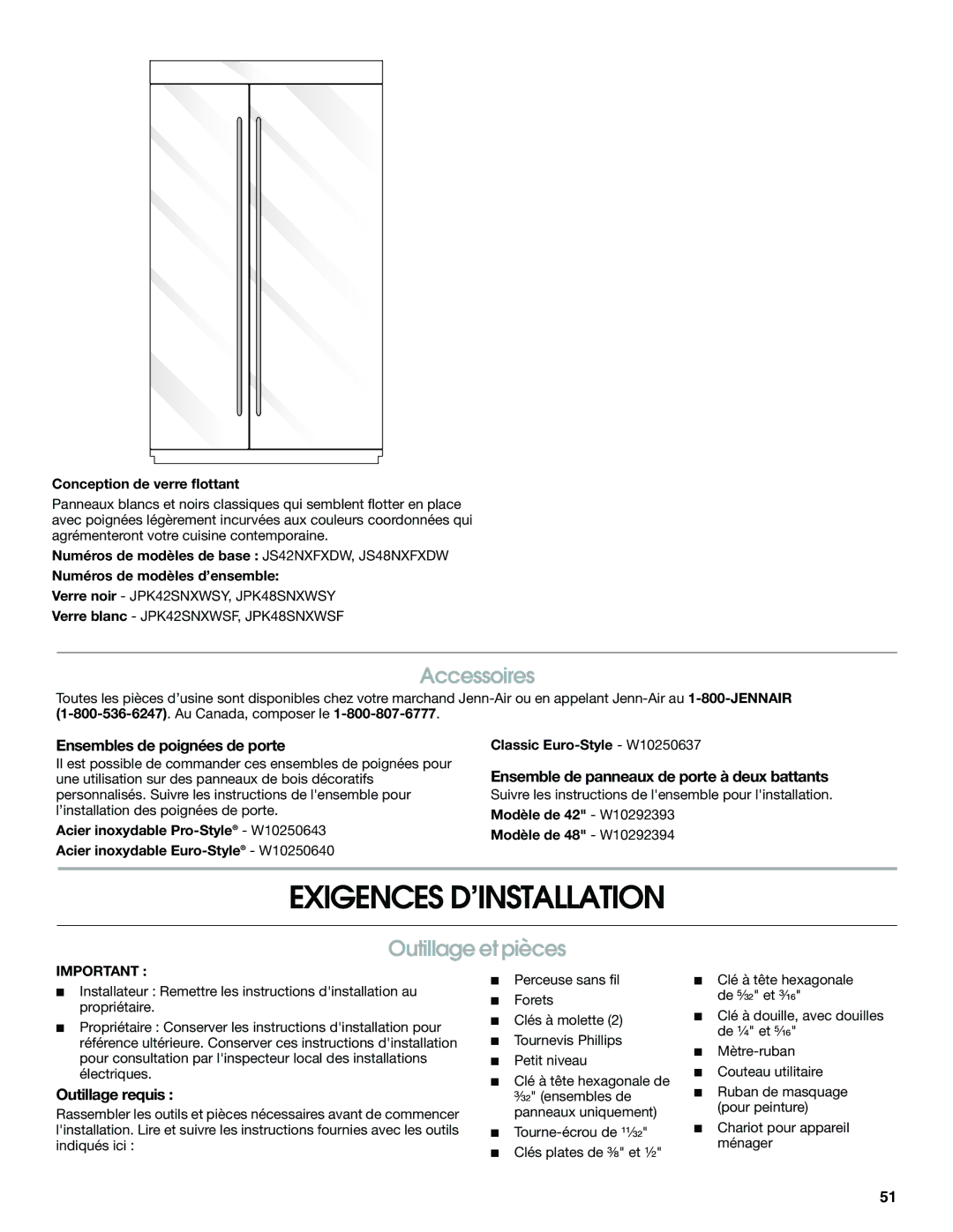 Jenn-Air W10379136B manual Exigences D’INSTALLATION, Accessoires, Outillage et pièces 