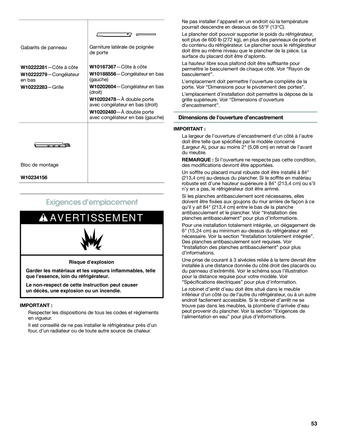 Jenn-Air W10379136B manual Exigences d’emplacement, Dimensions de l’ouverture d’encastrement, Bloc de montage 